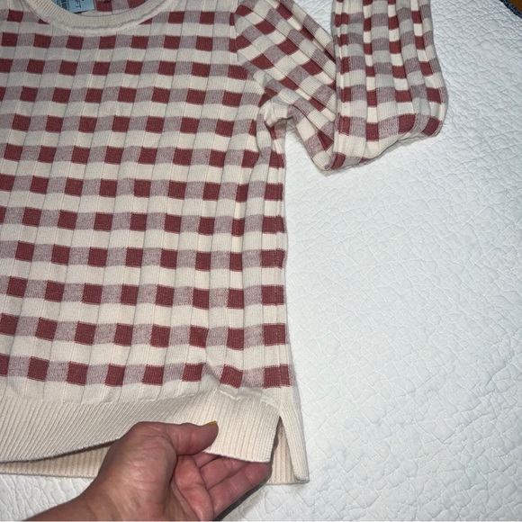 2020 NWT LOFT Women's Cream & Pink Square Patterned Long Sleeve Sweater; LP - Picture 3 of 5